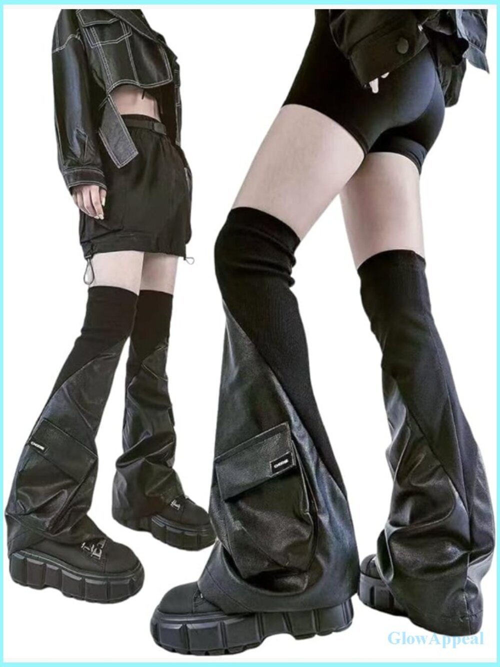 Faux Leather Knee High Leg Warmers with Pockets